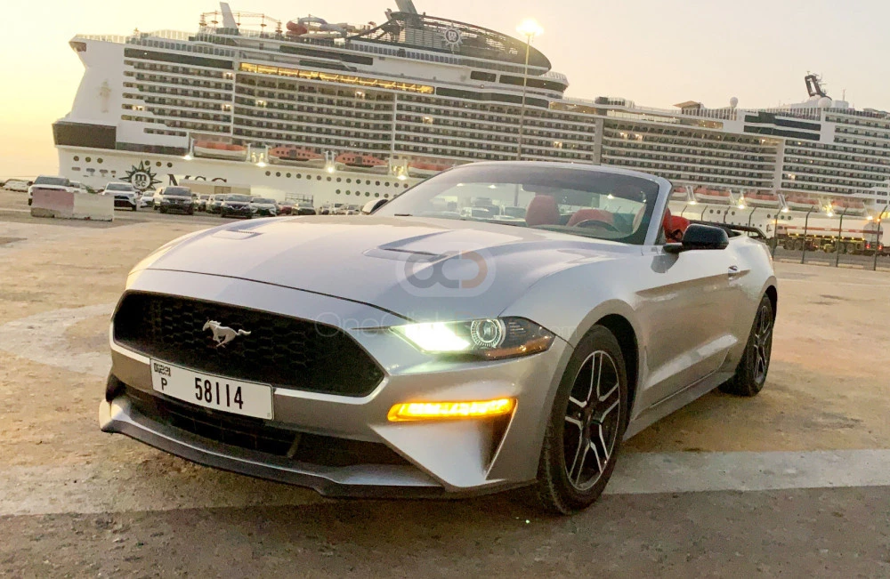 Gray Ford Mustang EcoBoost Convertible V4 2020 for rent in Dubai 1